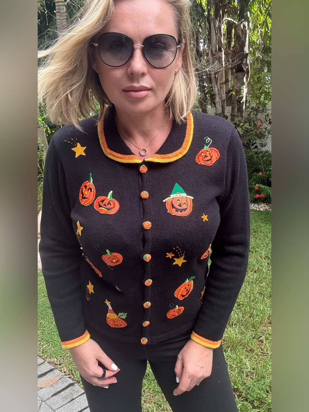 Vintage Tiara Halloween Pumpkin Cardigan Sweater Women’s M Black Appliqué